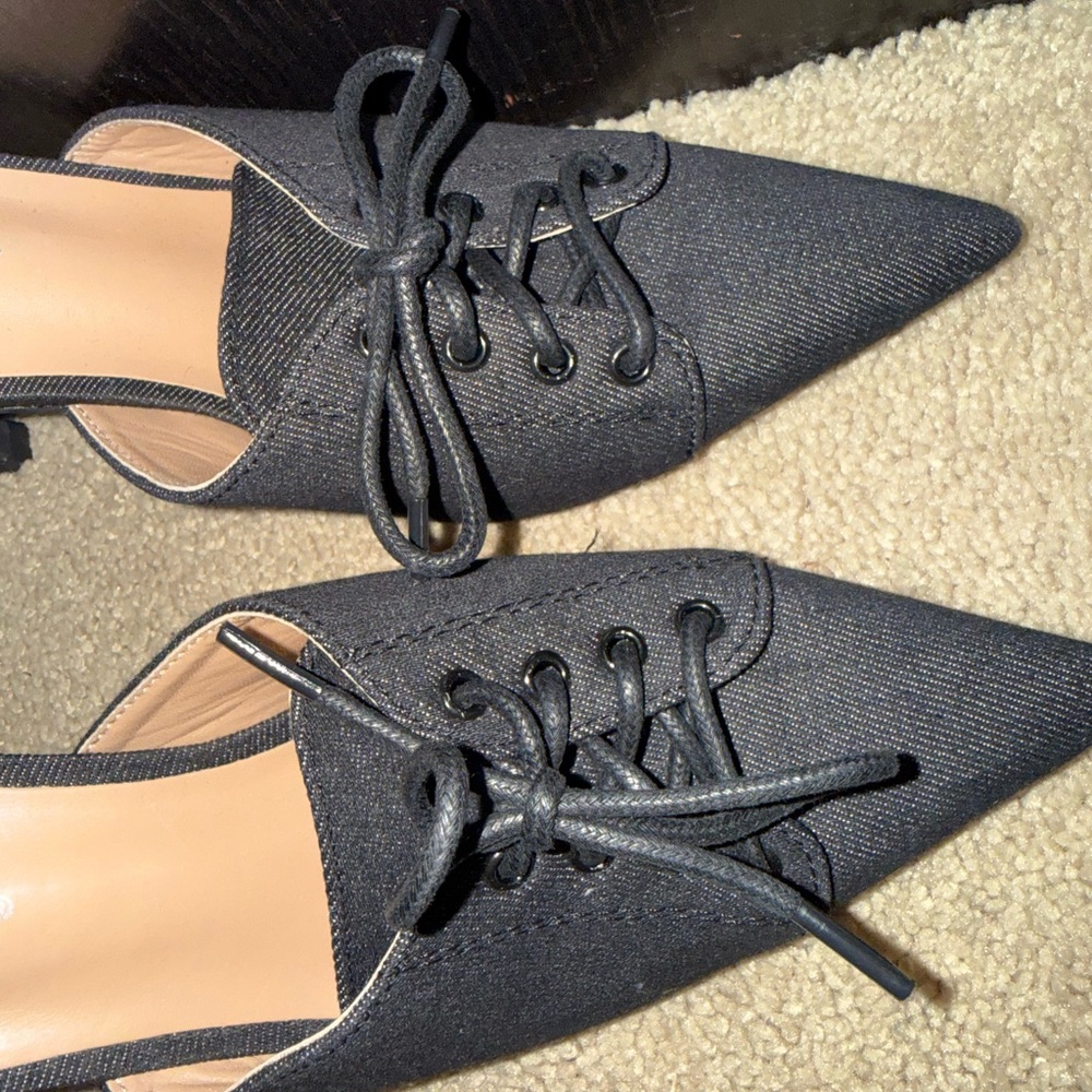 UniLady Black Lace-Up Mule Heels Pointed Toe Kitten Heel Size 9 - Picture 3 of 7